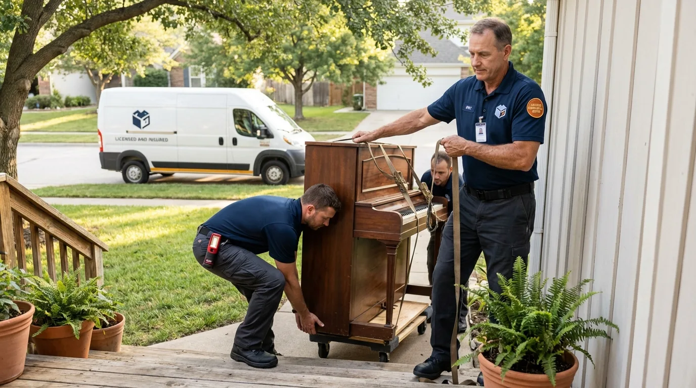 Licensed piano movers securing grand piano in Wewahitchka, FL