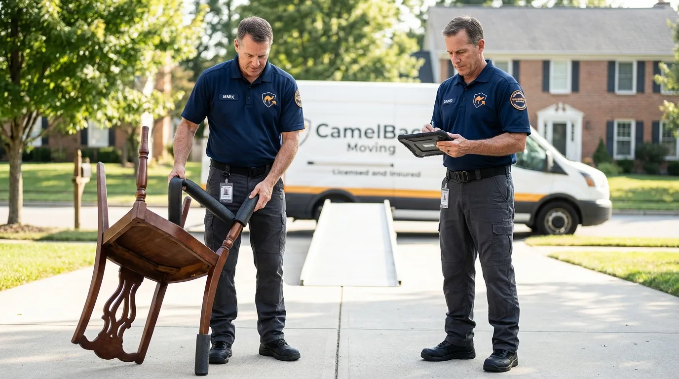 Movers inspecting furniture for damage prevention before loading in Wewahitchka, FL