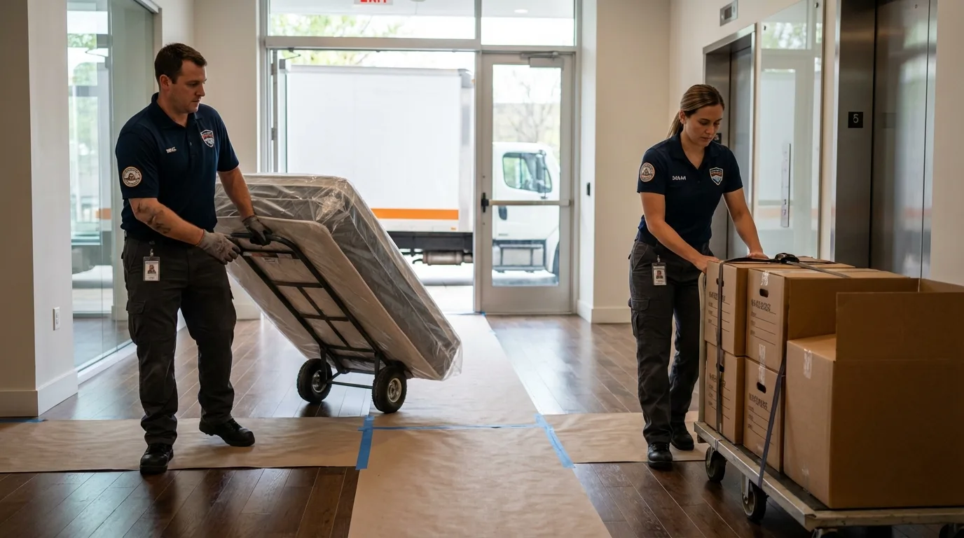 Professional apartment movers loading elevator in Wewahitchka, FL