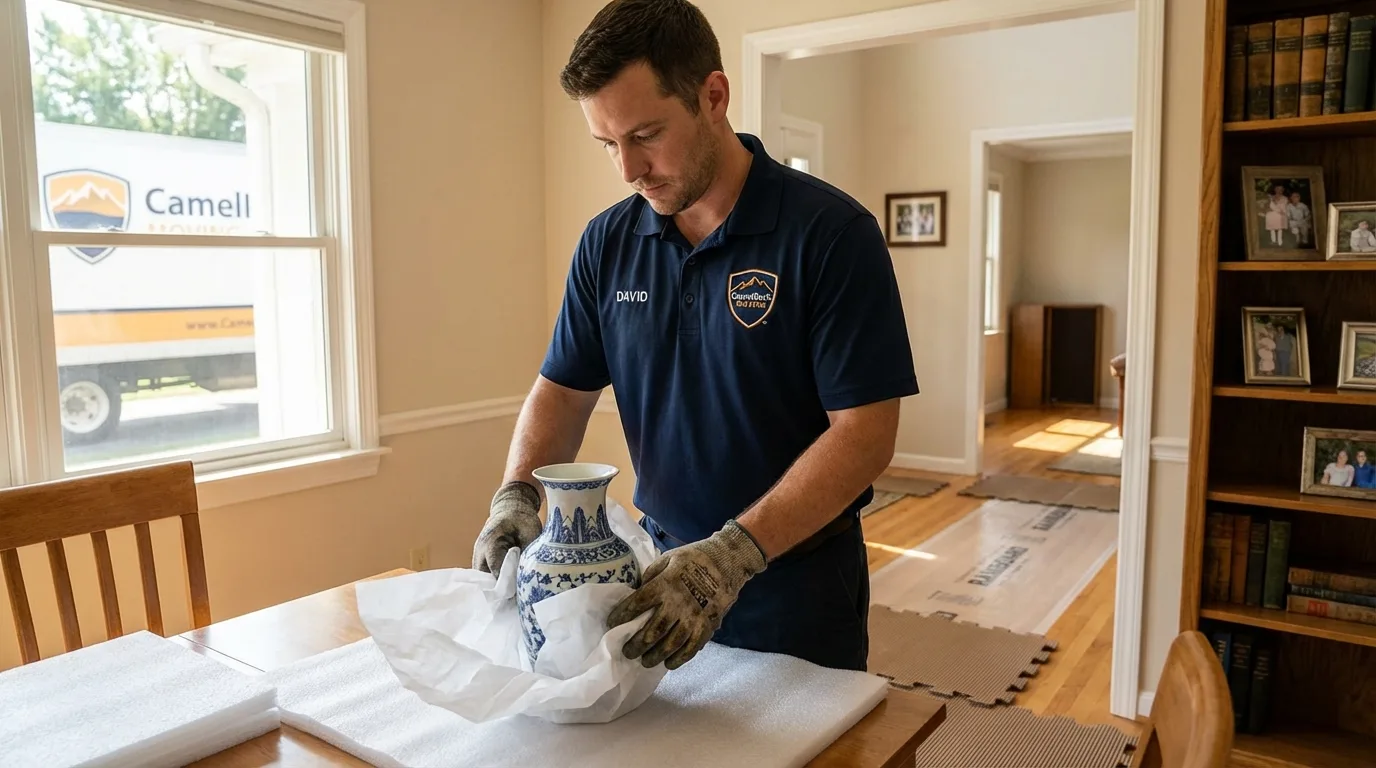 Professional crew carefully wrapping antique vase for senior downsizing move in Wewahitchka, FL